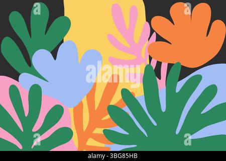 Design astratto e ingenuo con foglie di palma tropicali disegnate a mano e forme a doodle. Sfondo colorato minimale, colori vivaci e alla moda Illustrazione Vettoriale