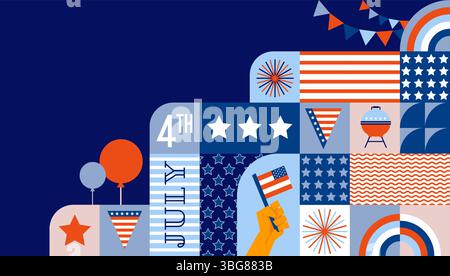 Sfondo del giorno dell'indipendenza degli Stati Uniti. 4 luglio design con bandiera americana, icone e simboli. Sfondo geometrico astratto colorato. Moderno e colorato Illustrazione Vettoriale