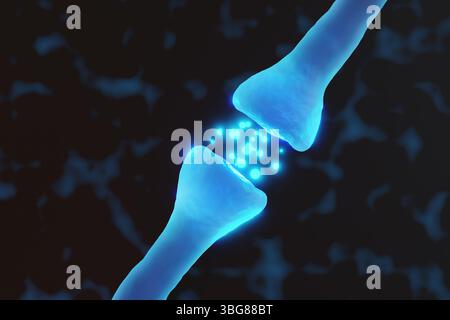 Messaggeri chimici blu brillanti che si trasferiscono da un neurone all'altro su sfondo nero. Neurotrasmettitori e comunicazione tra cellule nervose Foto Stock