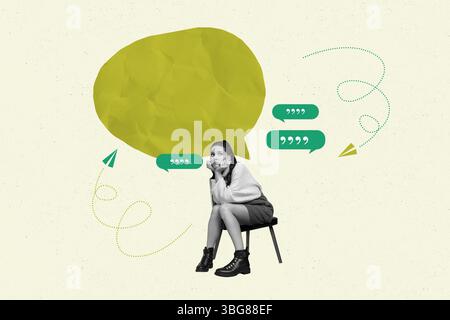 Collage di tendenza poster di una persona seduta vicino a una bolla di discorso su sfondo giallo Foto Stock