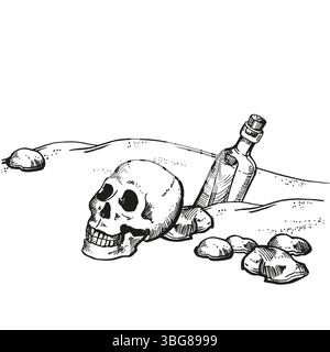 fondo marino di sabbia vettoriale disegnato a mano con pietre, vittima di un naufragio, bottiglia con lettera che fuoriesce dalla sabbia, illustrazione monocromatica del disastro, a Illustrazione Vettoriale