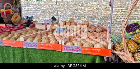 Mercato Amboise, Francia - 23.5,2025: Bancarelle con vari meloni e frutta esposte in casse di legno. Foto Stock