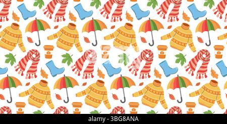 Colorato motivo autunnale senza cuciture con sciarpe, stivali da pioggia, ombrelli, maglioni, tazze da caffè, e foglie, perfette per i design stagionali o per l'autunno Illustrazione Vettoriale