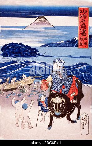 Sagami Fisherman Drawing Bonito di Utagawa Kuniyoshi (1833) | Edo periodo Ukiyo-e scena di pesca | Stampa di xilografie giapponesi ad alta risoluzione | Public D Foto Stock