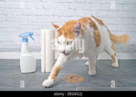 Il gatto divertente cerca di dissotterrare il vomito. Immagine orizzontale con messa a fuoco selettiva. Foto Stock