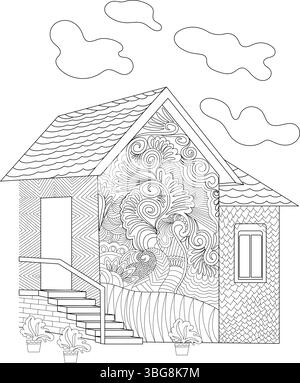 Dettagliate illustrazioni in bianco e nero di una casa affascinante con elaborati motivi decorativi sulla facciata, le scale, la finestra e il vaso Illustrazione Vettoriale