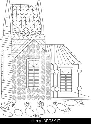 Disegno in bianco e nero di una casa stilizzata e stravagante con motivi decorativi sulle pareti e sul tetto, accompagnato da varie caramelle davanti. IO Illustrazione Vettoriale