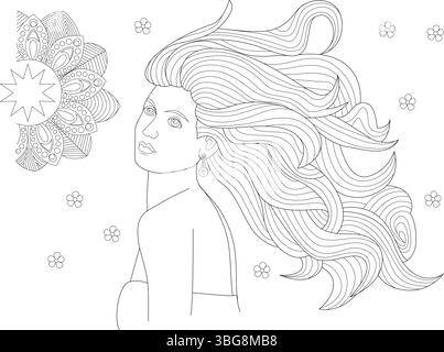 Illustrazione grafica in bianco e nero perfetta per la colorazione. Dispone di una bella donna con lunghi capelli fluenti, un intricato motivo semi-mandala, e. Illustrazione Vettoriale