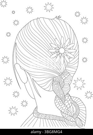 Illustrazione grafica dettagliata con vista posteriore della testa di una donna con un'acconciatura lunga e riccamente intrecciata adornata da un fiore. La treccia i Illustrazione Vettoriale
