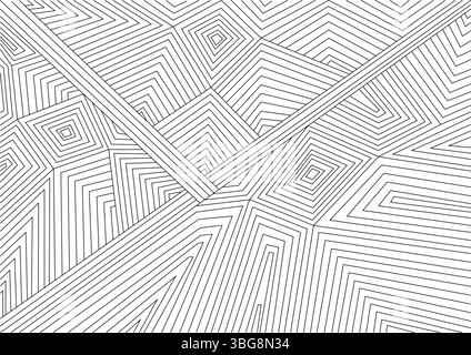 Motivo geometrico in bianco e nero astratto caratterizzato da linee, quadrati e angoli intricati che creano uno sfondo moderno e minimalista o elementi di design Illustrazione Vettoriale