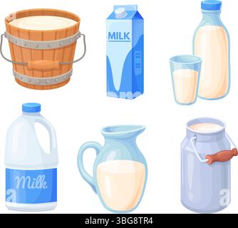 Contenitori per latte cartoni animati. Prodotto biologico per caseifici in confezioni diverse, contenitore di carta per caraffa in vetro per bottiglie contenitore secchio per mucca churn gallone set di confezioni tetra, illustrazione vettoriale ordinata, grafica originale Illustrazione Vettoriale