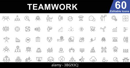 Pacchetto icone linea di lavoro di squadra: Collaborazione, partnership, comunità, simboli di successo e leadership. Vettore modificabile Illustrazione Vettoriale