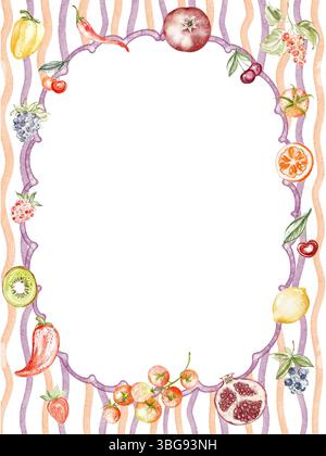 Striscione acquerello con frutta, verdura e pesce per menu o modelli di carte. Include pomodori, gamberi, limone e ingredienti di stagione. ID Foto Stock