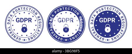 Set di tre badge di conformità GDPR in blu con icone di blocco e design circolare, utilizzati per la protezione dei dati e le normative sulla privacy Illustrazione Vettoriale