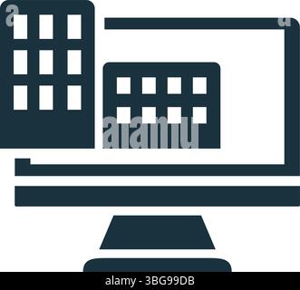 Moderni computer che esprimono edifici, simboleggiano la gestione intelligente delle città e la tecnologia digitale gemella per la pianificazione urbana Illustrazione Vettoriale
