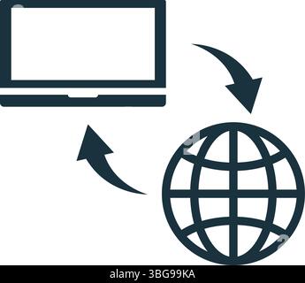 Lo scambio di dati tra laptop e globo simboleggia la comunicazione globale, la connettività Internet e il trasferimento di dati in tutto il mondo Illustrazione Vettoriale