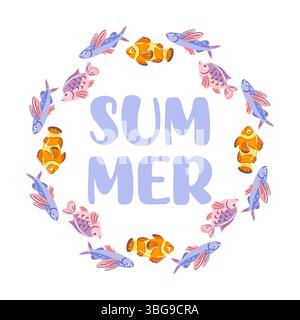 In questa vivace illustrazione vettoriale, pesci volanti e pesci pagliaccio nuotano in un vivace cerchio intorno alla parola estate, creando una cornice giocosa e dinamica Illustrazione Vettoriale