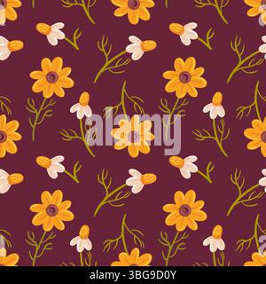 Un motivo in cottagecore senza cuciture caratterizzato da delicate margherite e vivaci fiori gialli su un ricco sfondo scuro, che evoca un'esperienza stravagante e nostalgica Illustrazione Vettoriale