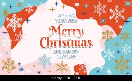 Biglietto d'auguri natalizio con una divertente cornice di forme colorate di blob, fiocchi di neve e stelle in stile cartoni animati piatto. Un allegro design invernale perfetto per Illustrazione Vettoriale