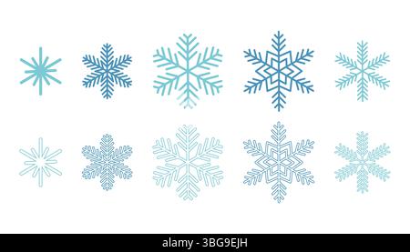 Collezione di fiocchi di neve diversi in stile pieno e contorno, disegnati con un disegno a cartoni animati piatto. Un set natalizio e invernale perfetto per le decorazioni natalizie, Illustrazione Vettoriale