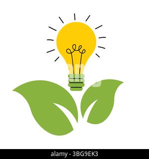 Illustrazione del concetto ECO in stile cartone animato piatto che mostra una lampadina luminosa che germoglia da foglie verdi. Simbolo di energia verde, sostenibilità, cura della natura Illustrazione Vettoriale