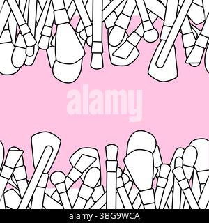 Pennelli per il trucco modello di cornice orizzontale con bordo senza cuciture. Illustrazione della linea grafica vettoriale. Illustrazione del trucco cosmetico in bianco e nero per la confezione Illustrazione Vettoriale