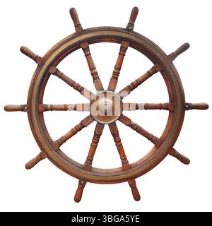 Volante in legno a dieci razze su sfondo bianco Foto Stock