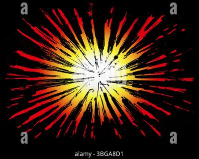 Immagine di sfondo disegnata con linee espanse verso l'esterno e sfumatura di colore da bianco a giallo a rosso a sfondo nero Foto Stock