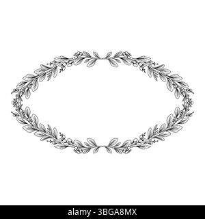 Cornice circolare minimale realizzata con foglie e ramoscelli neri, stile disegnato a mano su sfondo bianco. Cornici per modelli, decorazioni per matrimoni, logo e identità. Illustrazione Vettoriale