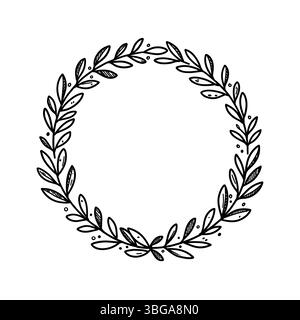 Cornice circolare minimale realizzata con foglie e ramoscelli neri, stile disegnato a mano su sfondo bianco. Cornici per modelli, decorazioni per matrimoni, logo e identità. Illustrazione Vettoriale