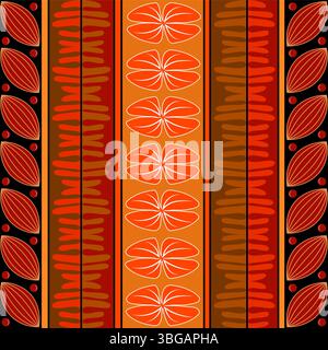 Questo vivace motivo senza cuciture presenta elementi di design di ispirazione moderna della metà del secolo in calde tonalità arancio e rosso. La composizione geometrica comprende Illustrazione Vettoriale