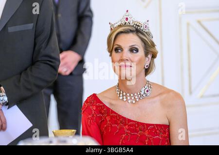 Praga, Repubblica Ceca. 4 giugno 2025. 20:21:21 PRAGA, 04-06-2025, Praga CastleKing Willem Alexander e la regina Máxima effettuano una visita di Stato nella Repubblica Ceca su invito del presidente. FOTO: NLBeeld/Patrick van EmstIn la foto: Il Presidente Pavel e la coppia reale durante il banchetto di stato nel Palazzo Presidenziale, dove entrambi i capi di stato tengono un discorso. Crediti: NL Beeld / Patrick van Emst crediti: NL Beeld/Alamy Live News Foto Stock