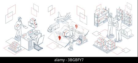 Scene isometriche 3D che raffigurano operazioni di importazione di esportazione multimodale con robot autonomi di consegna AMR, AGV in un magazzino moderno con logistica avanzata Illustrazione Vettoriale
