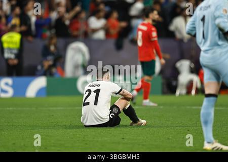 Monaco, Germania. 4 giugno 2025. Robin Gosens (GER) calcio: Robin Gosens ha respinto dopo la partita di semifinale della UEFA 'Nations League' tra la Germania 1-2 e il Portogallo all'Arena di Monaco di Baviera, Germania. Crediti: Mutsu Kawamori/AFLO/Alamy Live News Foto Stock