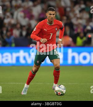 Monaco, Germania. 4 giugno 2025. Cristiano Ronaldo del Portogallo partecipa alla semifinale di UEFA Nations League tra Germania e Portogallo a Monaco, Germania, 4 giugno 2025. Crediti: Philippe Ruiz/Xinhua/Alamy Live News Foto Stock