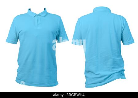 Polo blu semplice visualizzata dall'angolo anteriore e posteriore su sfondo bianco. Ideale per modelli di abbigliamento, modelli di branding e catalogo moda Foto Stock