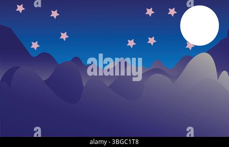Notte stellata sulle montagne con paesaggio notturno tranquillo di Moonrise Illustrazione Vettoriale