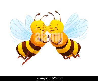 I personaggi delle api del miele dei cartoni animati volano con volti sorridenti, tenendo le mani e gli occhi chiusi. Adorabile coppia di insetti volanti vettoriali innamorati, trasuda umore primaverile, amicizia o atmosfere romantiche Illustrazione Vettoriale