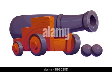 Arma da cannone pirata cartoni animati con palle di cannone. Pistola di ferro nera vettoriale su ruote in legno pronta per la battaglia navale. Vecchio strumento di artiglieria usato da corsari e bucanieri per l'attacco e la difesa a bordo Illustrazione Vettoriale