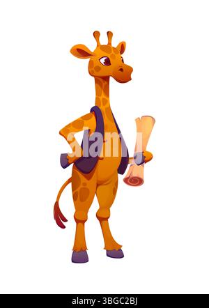 Il capitano pirata animaletto della giraffa o il marinaio corsaro con il rotolo in mano. Animale africano Vector alto con gilet viola. Un personaggio divertente con una posa sicura e un'avventura navale fantasiosa Illustrazione Vettoriale