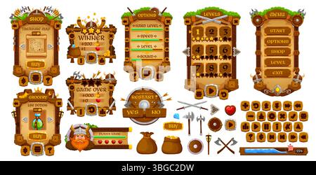 Risorsa per l'interfaccia di gioco Vikings. Elementi e pulsanti della GUI medievale vintage, interfaccia utente vettoriale. Arma vichinga cartoni animati, caschi, scudi e spade cornici in legno per cartelli, pannelli di menu interfaccia di gioco, barre di navi da guerra Illustrazione Vettoriale