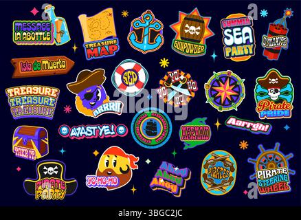Adesivi per pirateria Y2K, etichette per toppa funky pirata con teschi, bussola, mappa del tesoro, cappello pirata, ancora, armi e slogan divertenti. Set vettoriale di badge decorativi per feste pirata o decorazioni Illustrazione Vettoriale