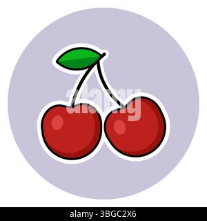 Illustrazione vettoriale di un paio di ciliegie rosse con una foglia verde. Un'icona di frutta colorata, ideale per i contenuti dei bambini e per la progettazione di cibi sani. Illustrazione Vettoriale