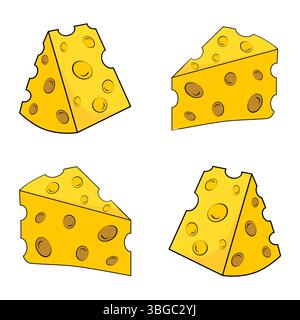 Set di quattro illustrazioni vettoriali cartoni animati di fette di formaggio. Icone divertenti e colorate dei prodotti caseari, perfette per menu per bambini e design a tema culinario. Illustrazione Vettoriale