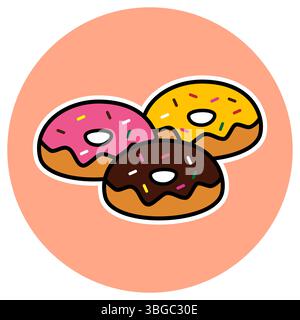 Un'icona dolce e giocosa di 3 ciambelle con guarnizioni colorate e spruzzette di cioccolato, perfette per l'uso in cibi, panetterie e dessert. Illustrazione Vettoriale