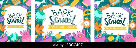 Allegri banner Back to School con vivaci forniture scolastiche, nastri di vendita ed elementi autunnali, perfetti per i progetti promozionali. Illustrazione Vettoriale