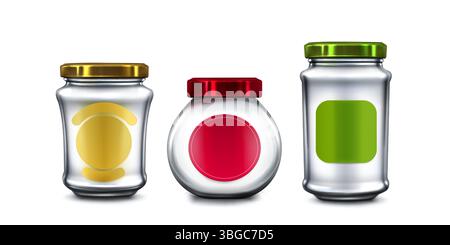 Set di vaschette in vetro con coperchi colorati - tappi ed etichette verdi, gialli e rossi. Contenitori trasparenti per inscatolamento e conservazione degli alimenti. Realistica confezione 3d di bottiglie vuote per marmellata, miele o salsa Illustrazione Vettoriale