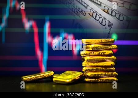 Foto a barre d'oro il grafico a candelabro e lo sfondo del dollaro statunitense , le fluttuazioni del concetto di prezzo dell'oro. Foto Stock