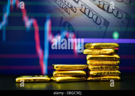 Foto a barre d'oro il grafico a candelabro e lo sfondo del dollaro statunitense , le fluttuazioni del concetto di prezzo dell'oro. Foto Stock