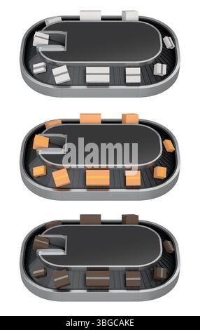 Set di nastri trasportatori per l'aeroporto o di aree di ritiro bagagli con scatole di cartone o cartoni su sfondo bianco. rendering 3d del concetto di vacanza di viaggio o Foto Stock